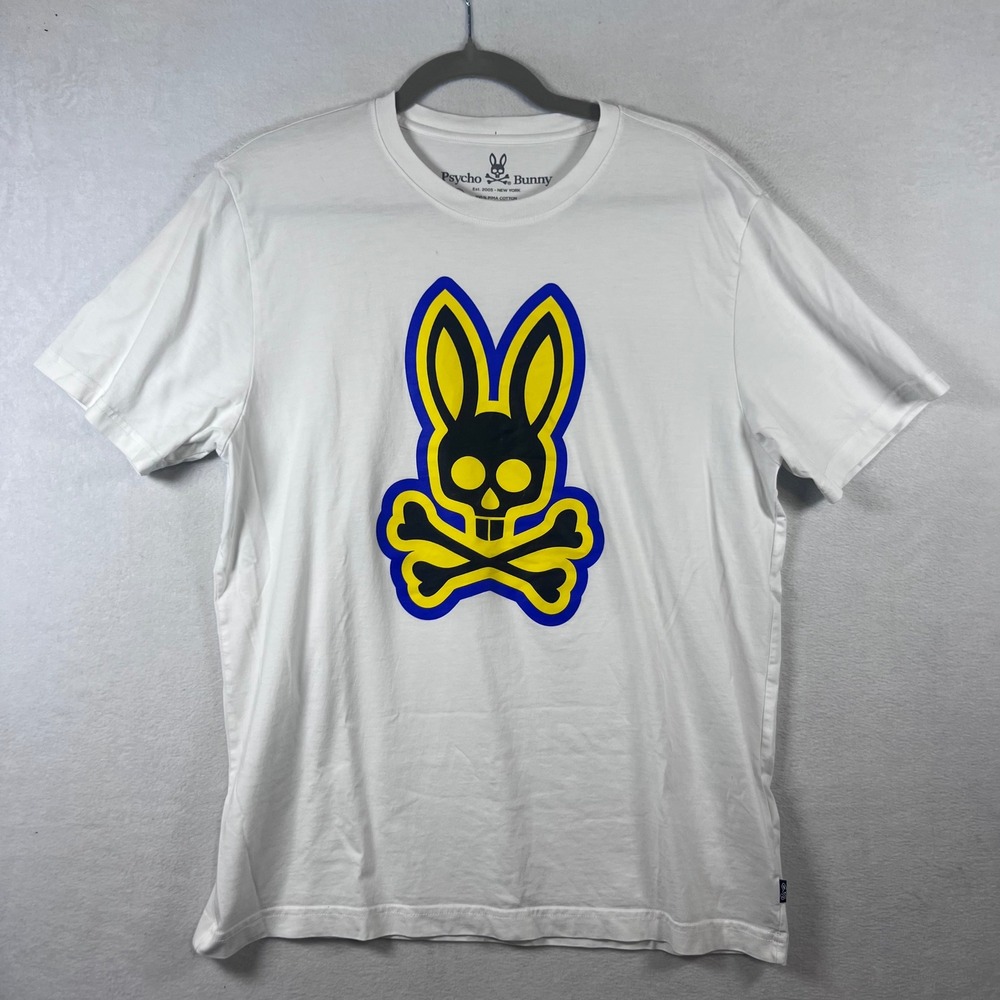 Psycho Bunny Mens White Pima Cotton Graphic Logo T-Shirt Size 6 Large